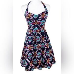 Anthropologie Edme & Esyllte Primula Black Multi Halter Retro Dress Pockets Sz 0